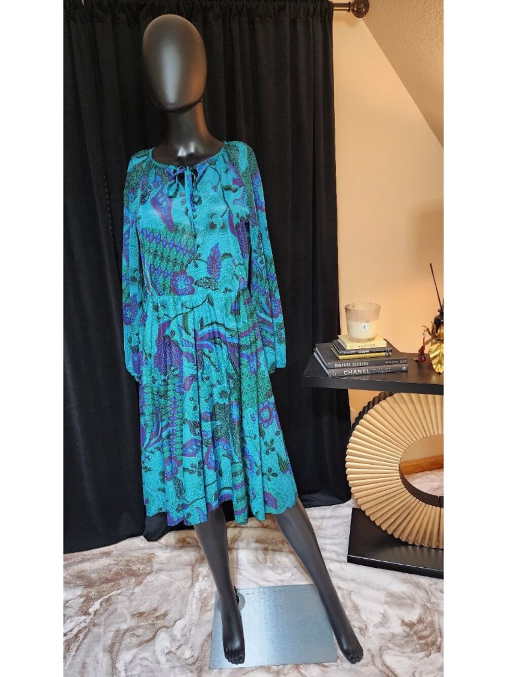 1980s KEVIN STUART PETITES psychedelic midi dress blue green abstract vintage - Picture 2 of 11